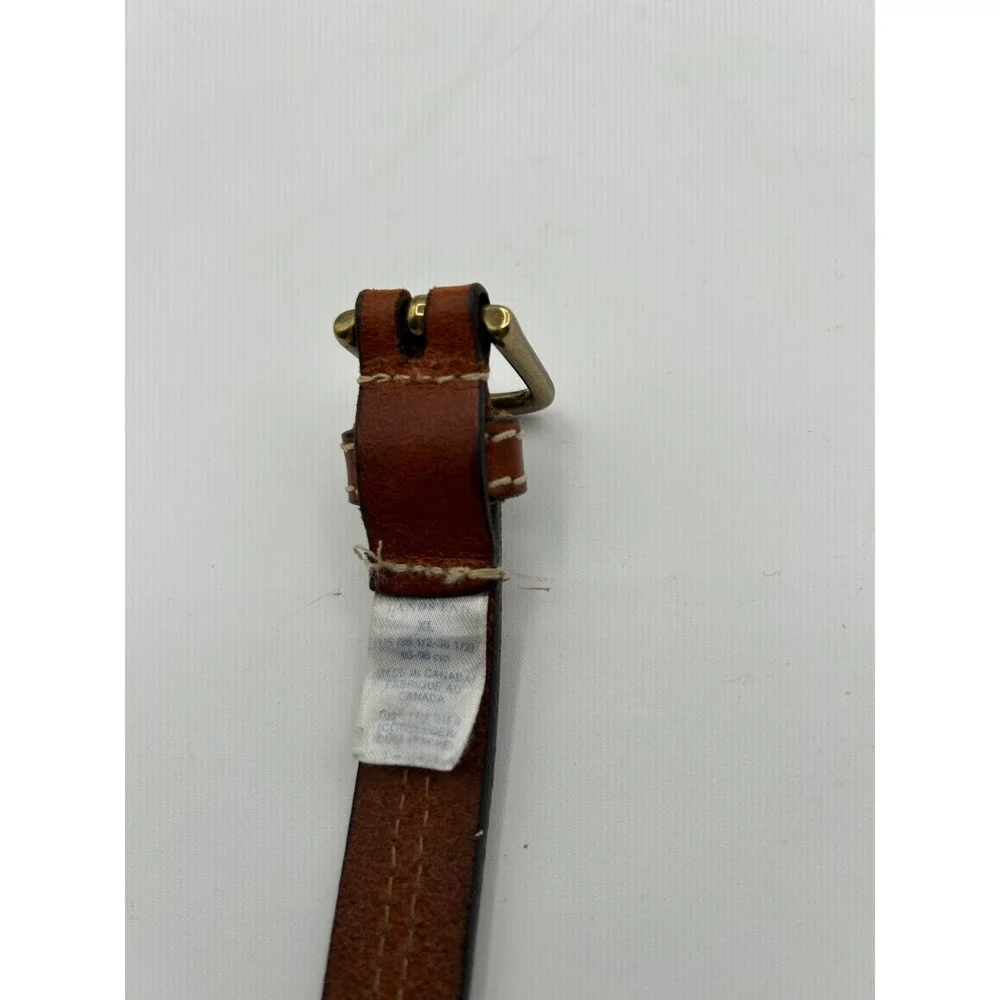 Lands End SKinny Leather Belt Women XL Cognac Brown Contrast Stitch Brass Buckle